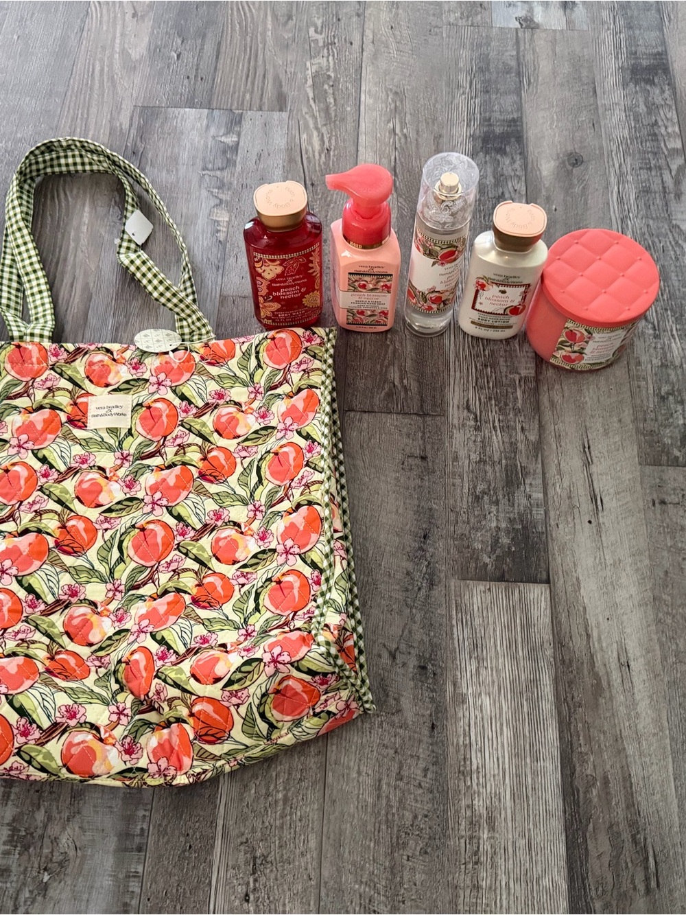 Vera Bradley Peach Floral Quilted Tote in Green, Peach, Pink